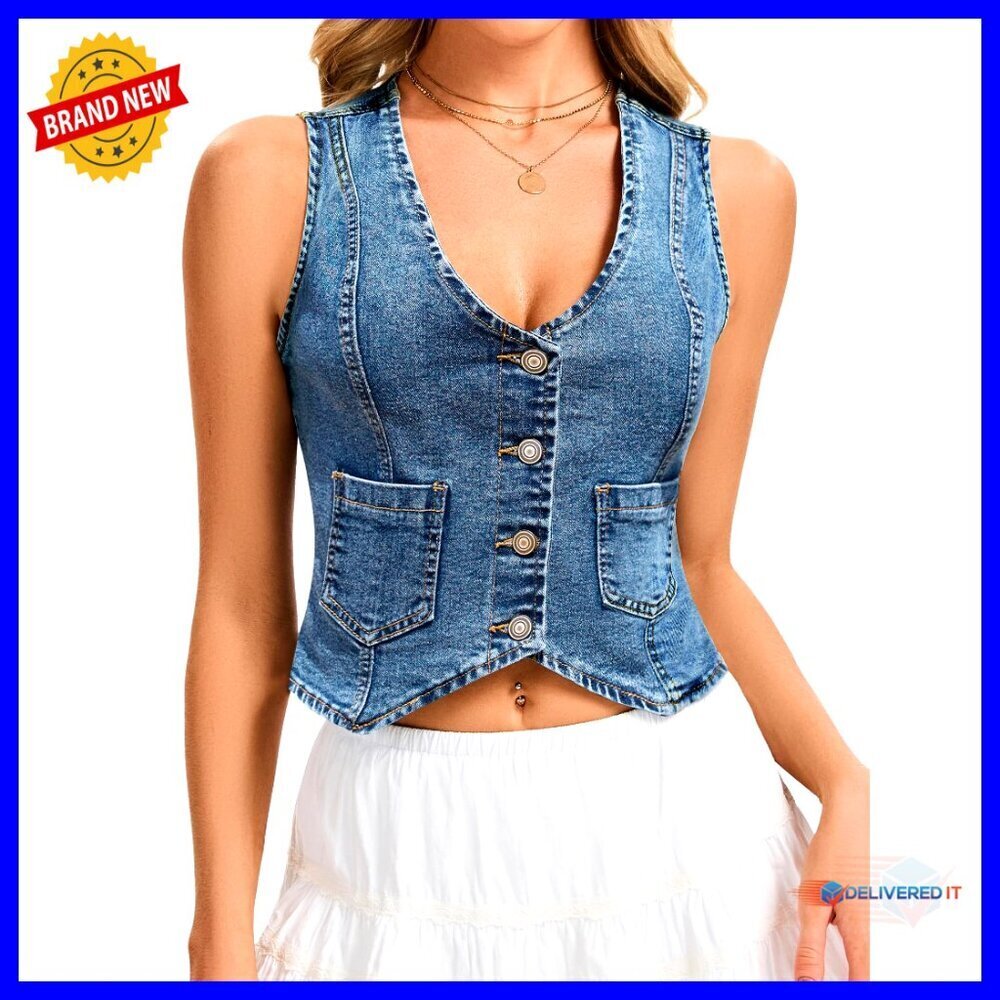 Cropped Denim Vest Top Sleeveless V-Neck Button Down with Pockets
